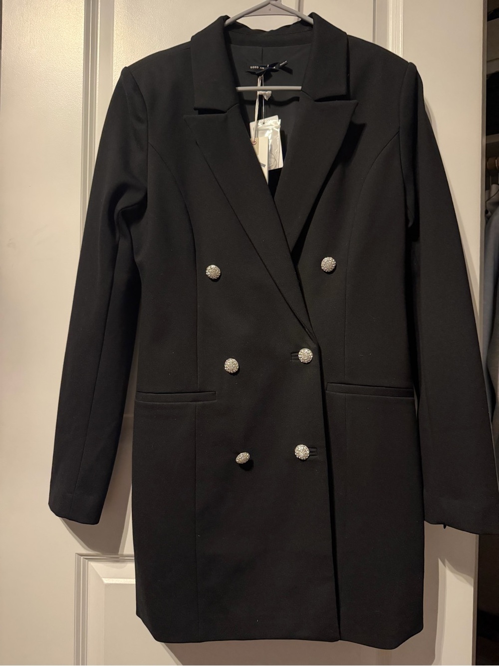 Good American Black Double-Breasted Blazer Dress with Rhinestone Buttons